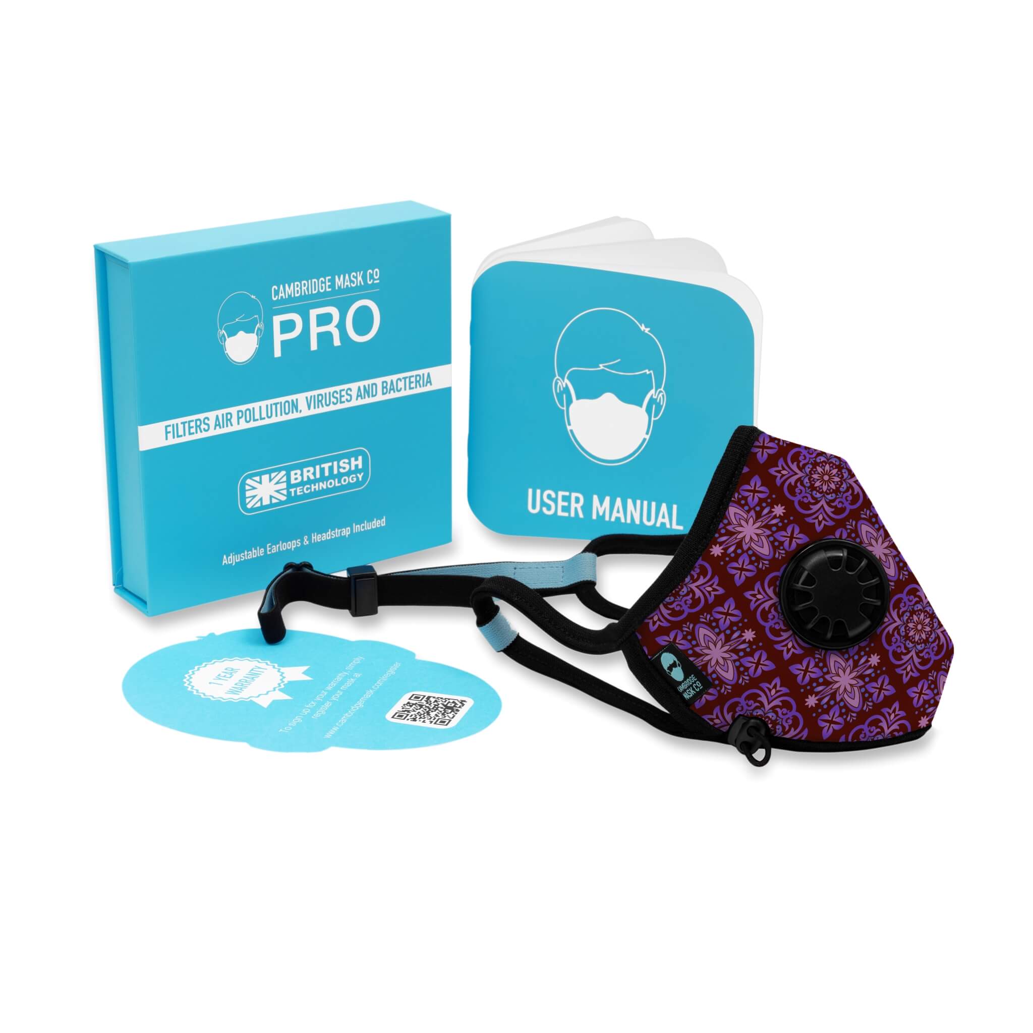 The Ada Pro Face Mask with the User Manual, Box and Warranty Card