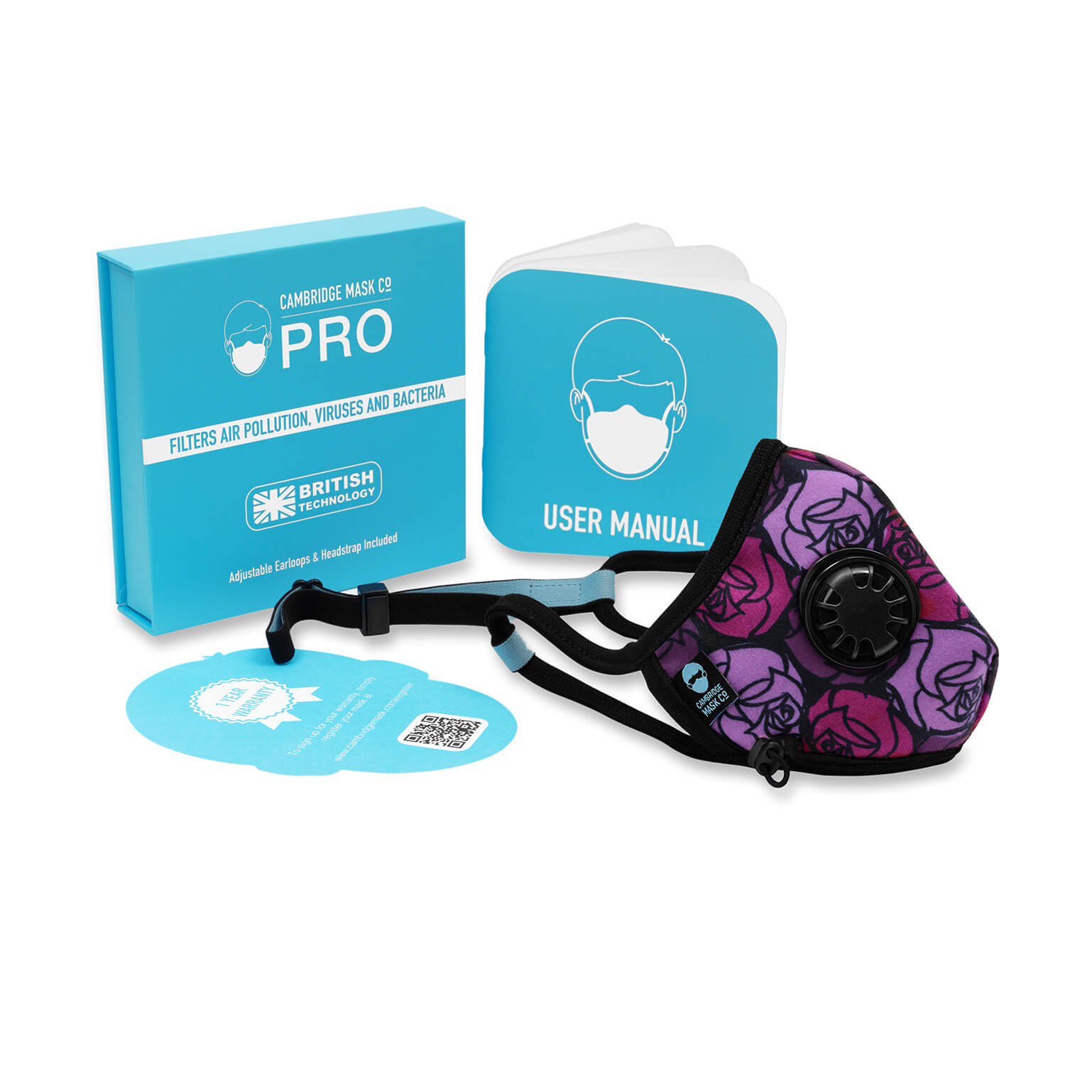 The 65 Roses Pro Face Mask with the User manual, Box and Warranty Card