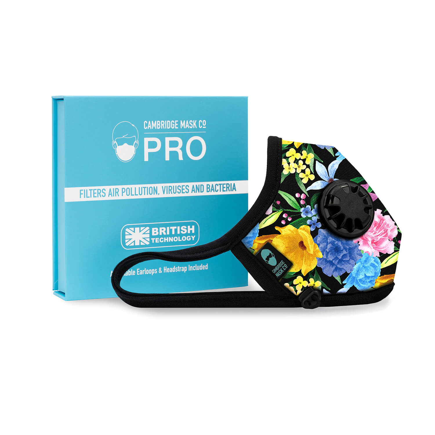 Right side angle of the Arber Pro Face Mask with the Packaging Box