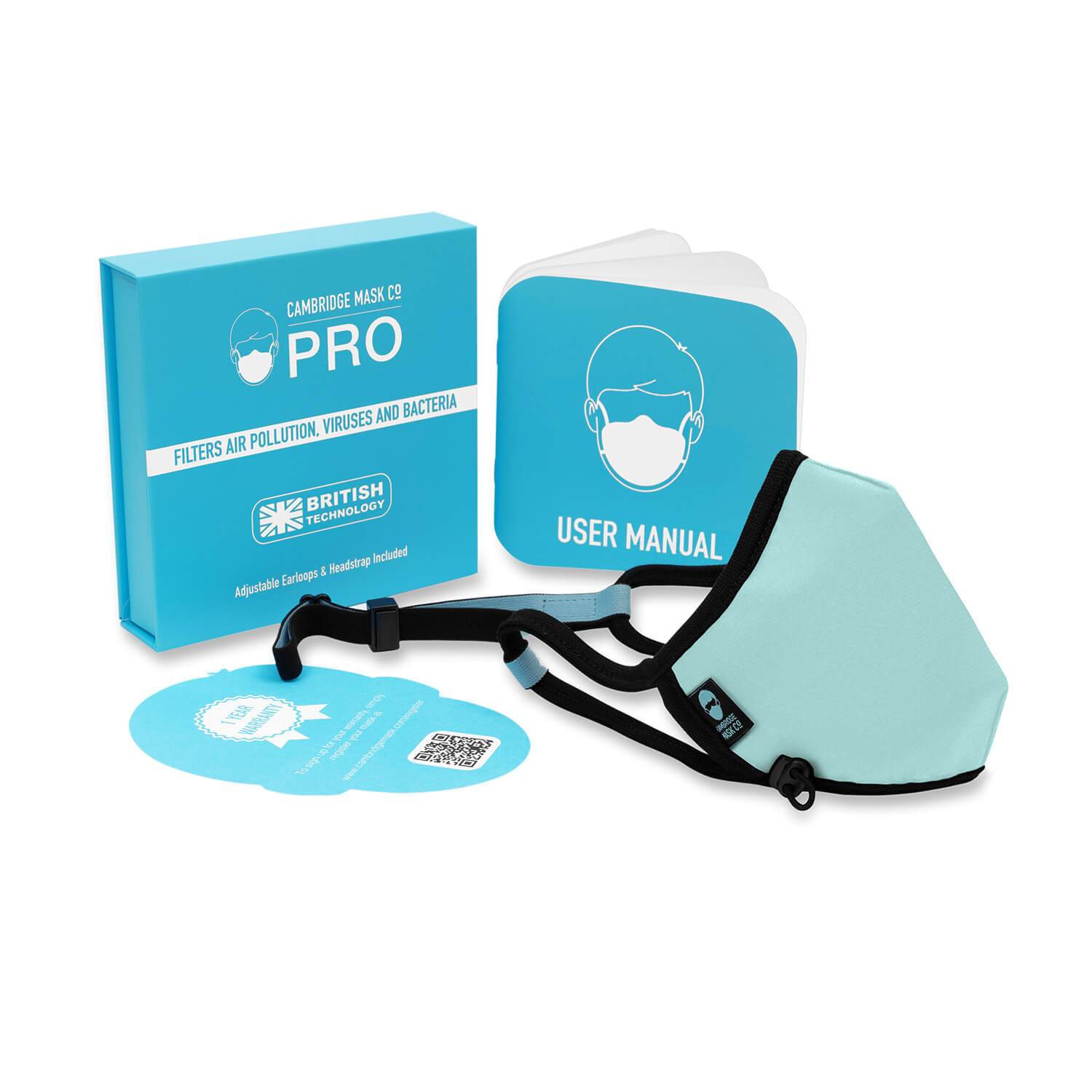 The Beatrix Non Valve Face Mask with the User manual, Box and Warranty card