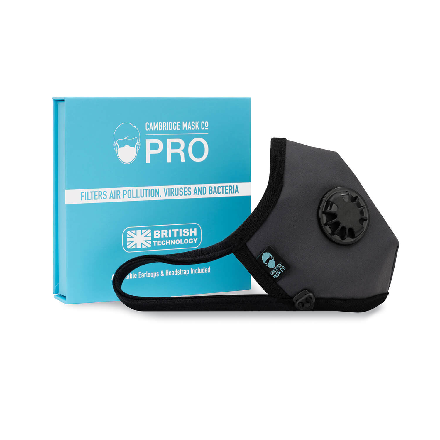 Right side angle of The Dorian Pro Face Mask with the Packaging Box