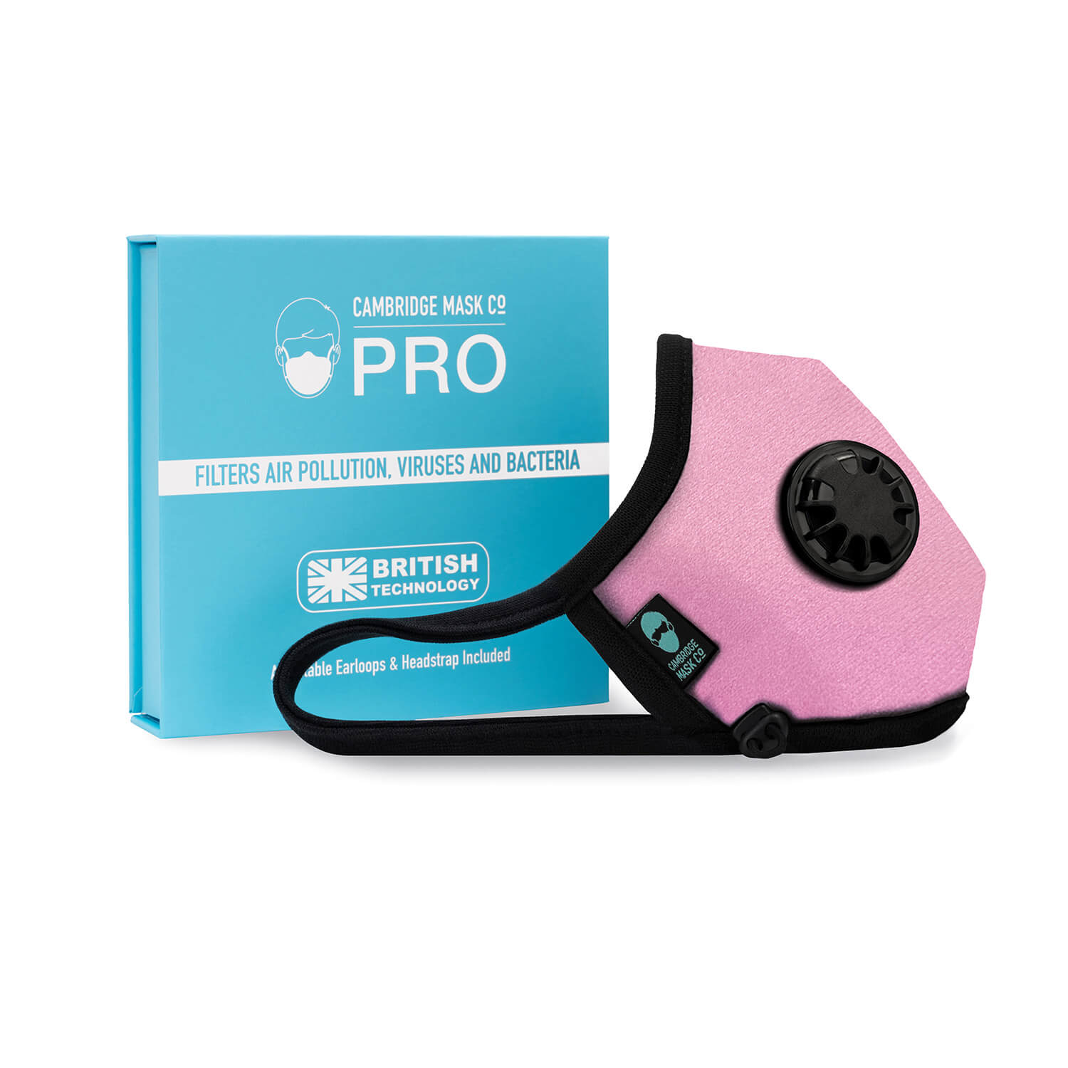 Right side angle of The Lottie Pro Face Mask with the Packaging Box