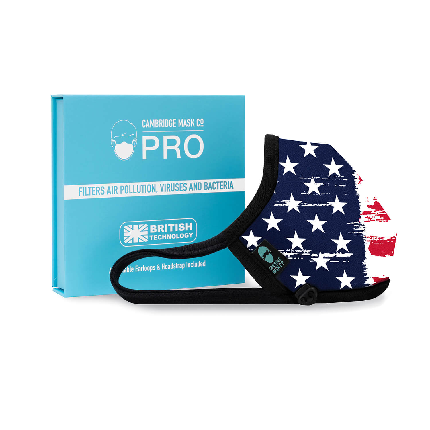Right side angle of The Uncle Sam Non Valve Face Mask with the Packaging Box