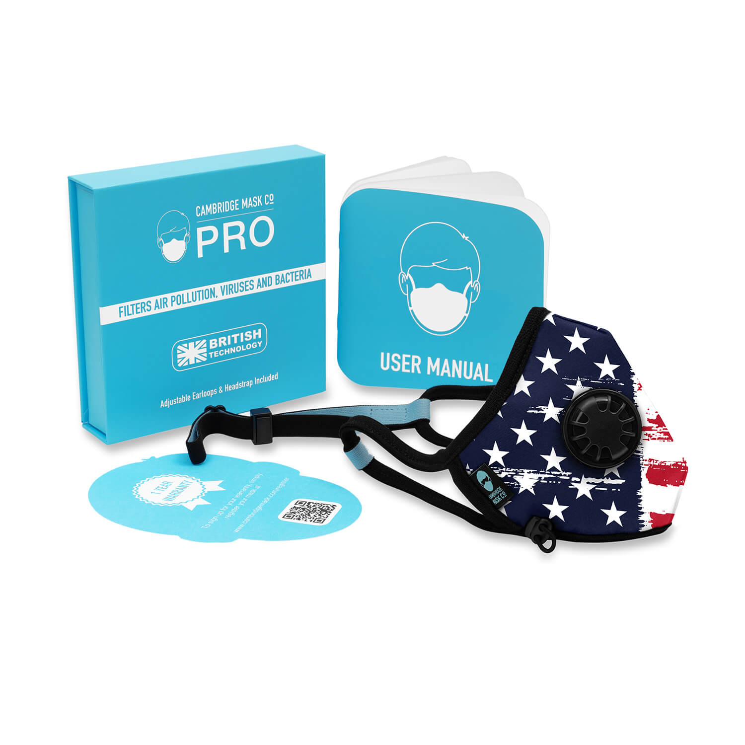 The Uncle Sam Pro Face Mask with the User Manual, Box and Warranty