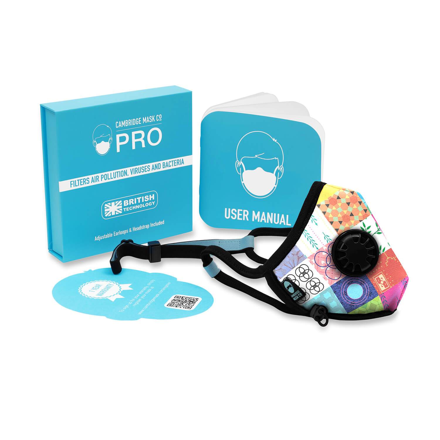 The Austen Pro Face Mask with the User manual, Box and Warranty card