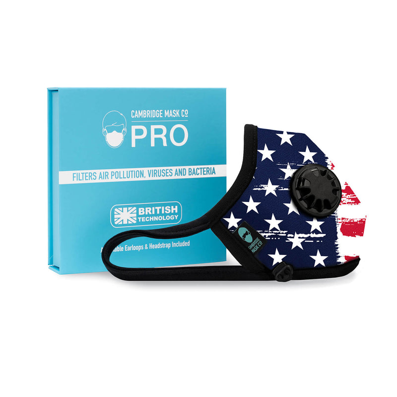 Right side angle of The Uncle Sam Pro Face Mask with the Packaging Box